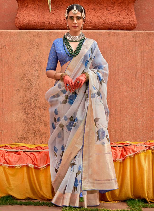 Organza Silk Aqua Blue Casual Wear Printed Saree